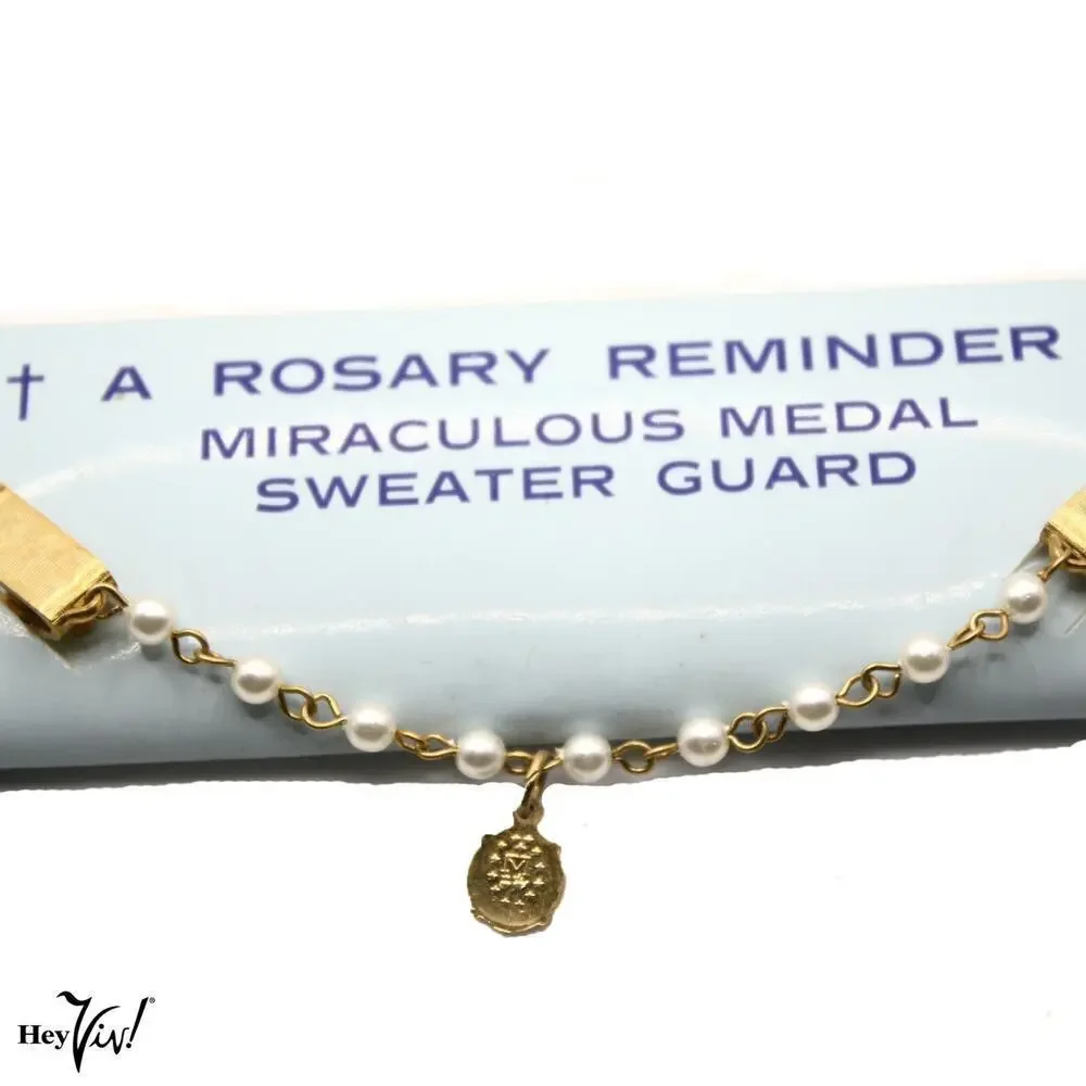 Vintage Sweater Guard Clip Rosary Reminder Miraculous Medal In Box 5